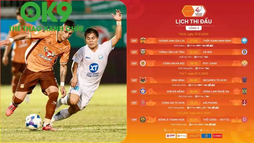 Lịch thi đấu vòng 9 V-League 2025/2026